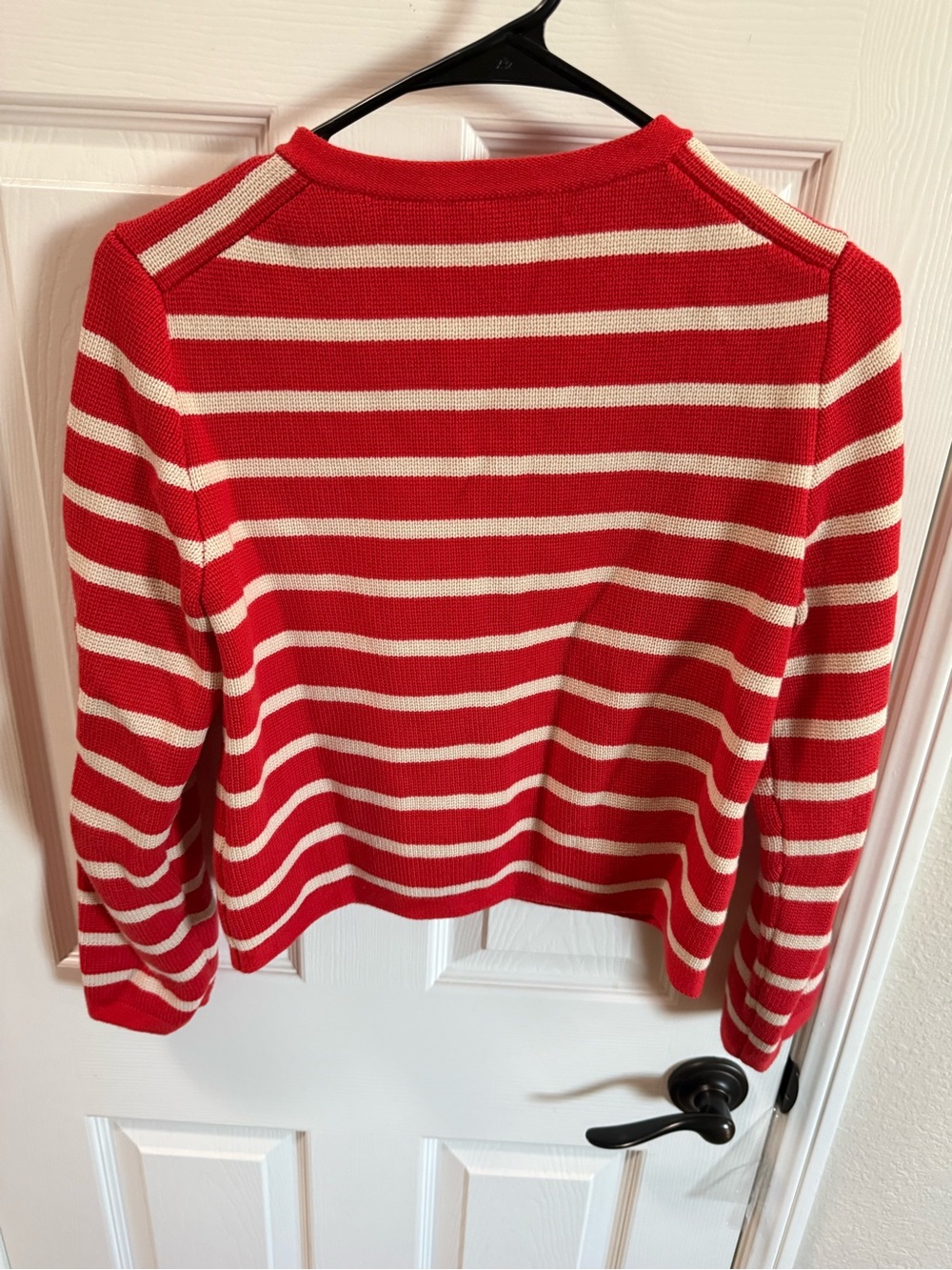 J. Crew Emilie sweater lady jacket a Red and Cream Striped Gold-Button Cardigan - Picture 5 of 7